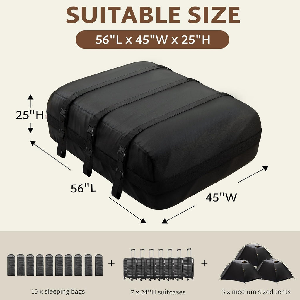 iBirdie Roof Rack Cargo Carrier 36.4 Cubic Feet, XXL Soft-Shell Rooftop Cargo Box, Waterproof Heavy Duty 1200D for Car with/Without Roof Rack, Includes Anti-Slip Mat, Door Hooks, 56x45x25 inches