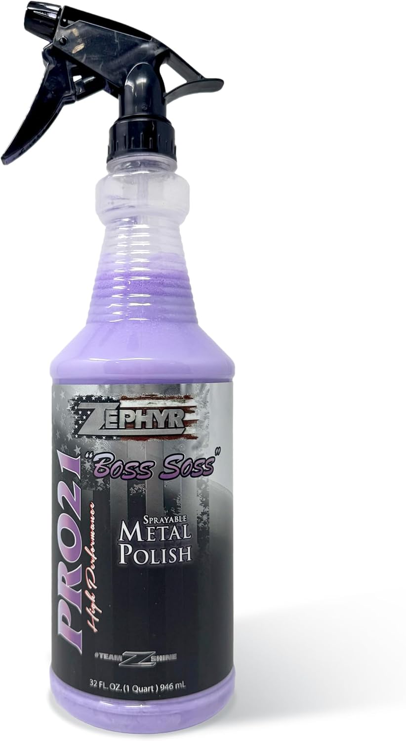 Zephyr - Pro 21 Boss Soss Sprayable Metal Polish - Stainless Steel, Chrome, & Aluminum Polish - Sprayable Metal Polishing for Copper, Silver, Bronze, & More - 32 oz.