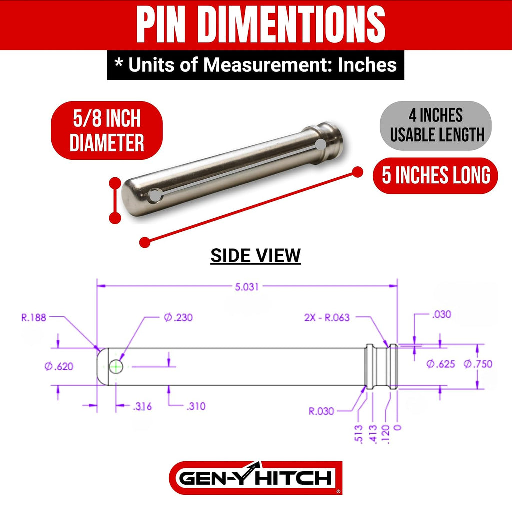 GEN-Y GH-099 5/8" Hitch Pin, 4" Useable Length with Self-Locking Twist Clip