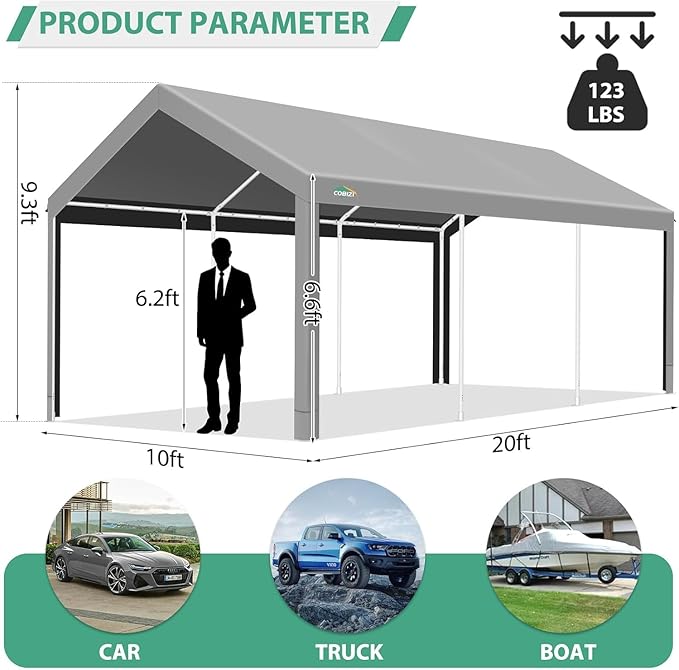COBIZI Carport 10x20ft Heavy Duty Portable Garage, 2.0 Powder Coated Frame - Image 6