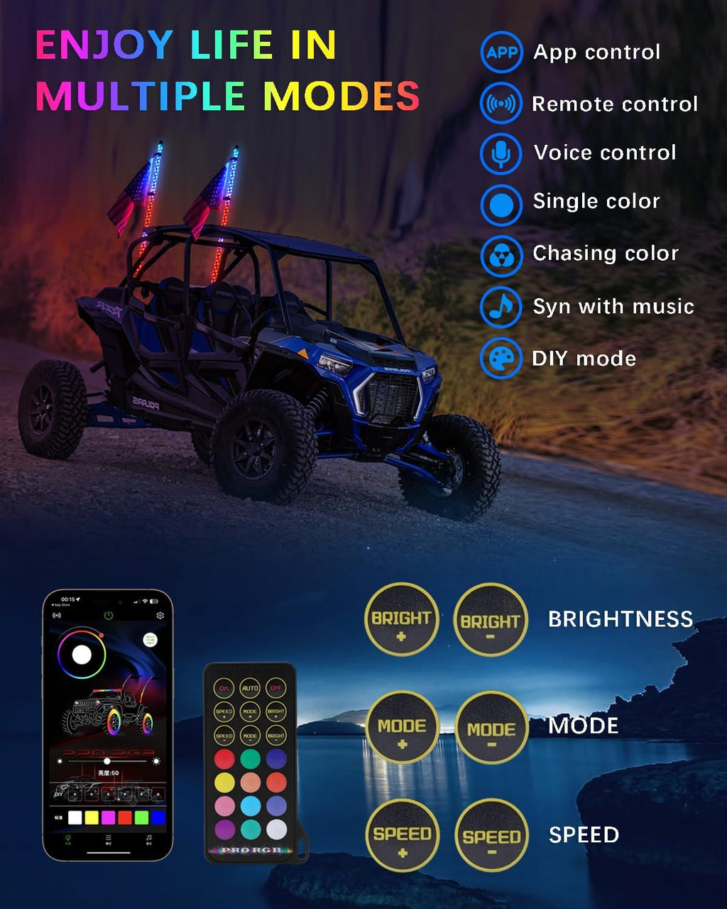 Tavaray 6FT Tripled Brighter LED Whip Lights 2-Pack with Spring Base, App & Remote Control Spiral Chasing Lighted Whips, Waterproof Off-Road Flag Lights for UTV ATV SXS