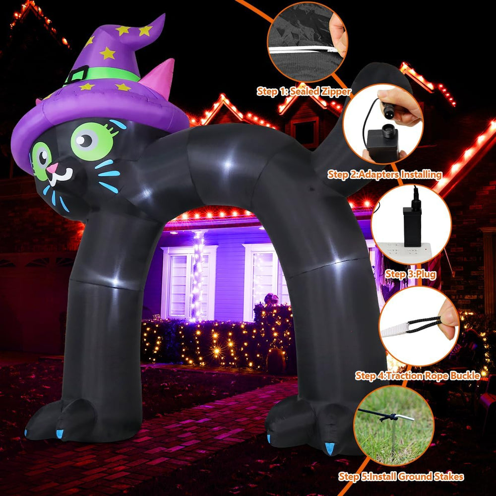 COMIN 14FT Halloween Inflatables Outdoor Decorations Black Cat Arch Blow Up Y...