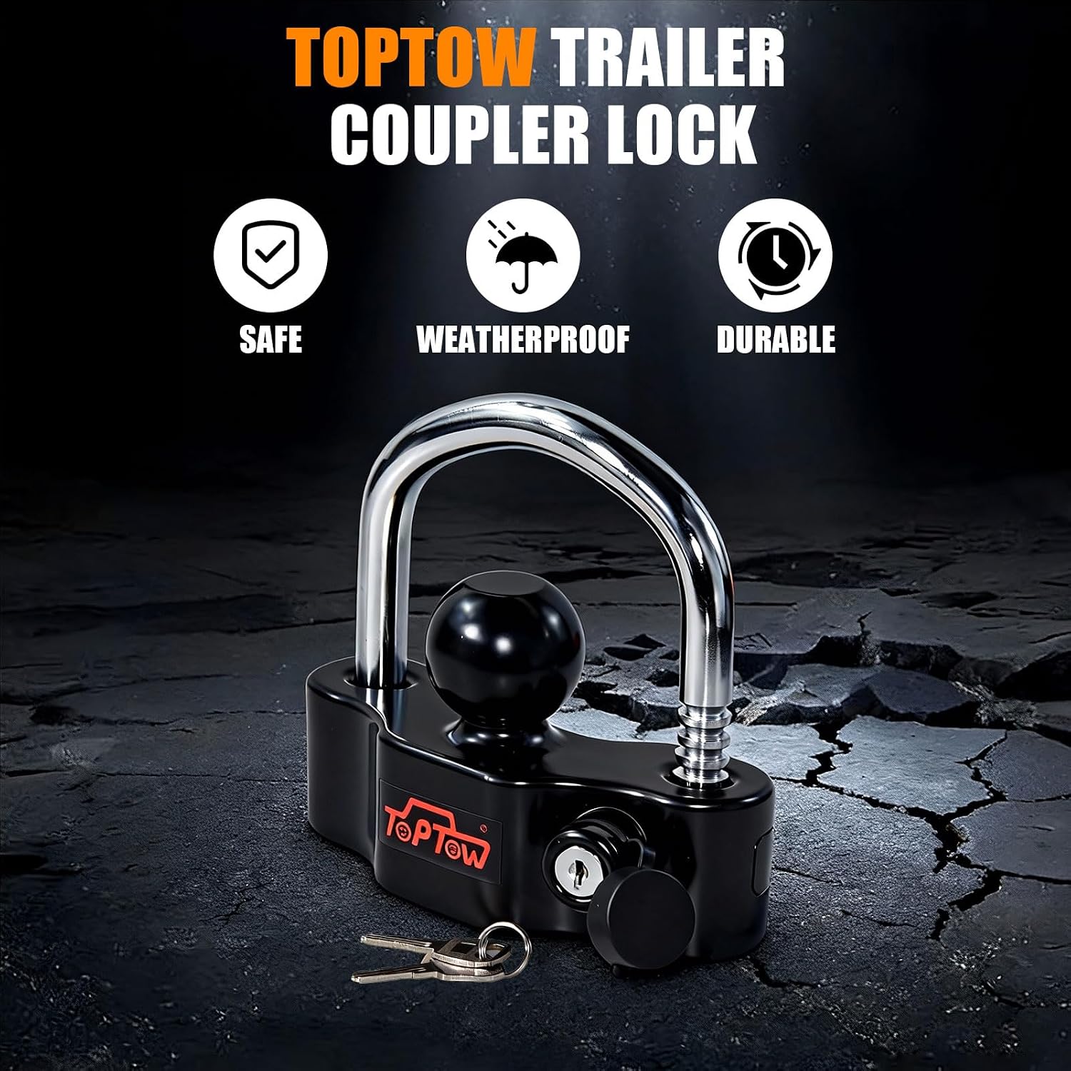 TOPTOW Trailer Hitch Lock Universal Coupler Lock, Fit for 1 7/8-inch, 2-inch and 2 5/16-inch Ball Hitch Trailer Coupler, Heavy Duty, Black, 2 Flat Keys Included