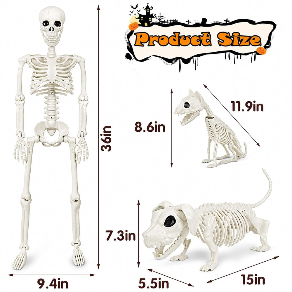 36" Halloween Skeleton Decorations - 3FT Posable Skeleton with Dog &...