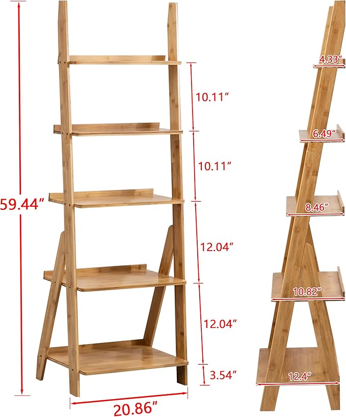 Maydear Bamboo Ladder Shelf Bookcase, 5-Tier Leaning Bookshelf Free Standing