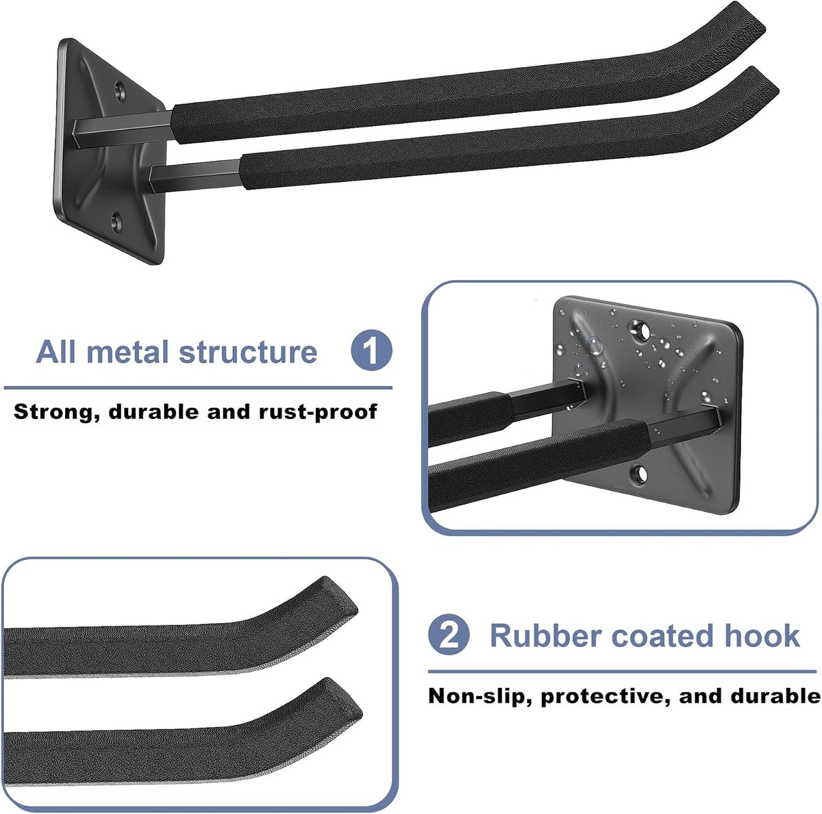 walmann wall mount garage hooks, 12-inch tool hooks, front angle view
