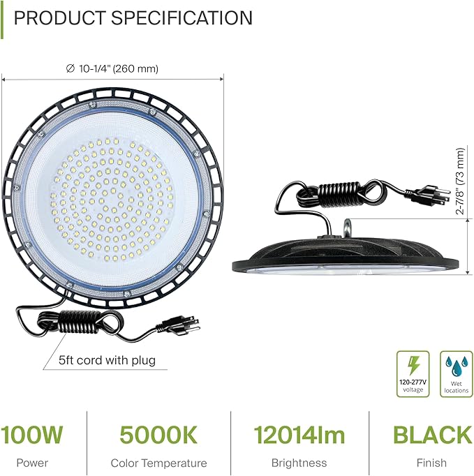 ASD LED High Bay UFO Light Fixture, Commercial Shop Lighting | Plug & Play Cable - Image 2