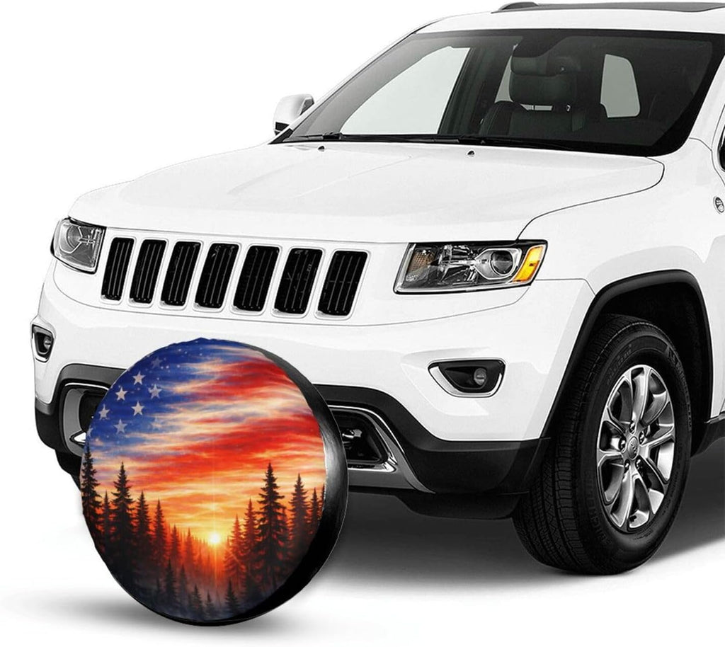 Spare Tire Cover，American Flag Sunset Fores Camper Spare Tire Cover Waterproof Sun Protection for Jeep Trailer Camper RV SUV Wheel Covers (American Flag Sunset Fores, 15 inch)
