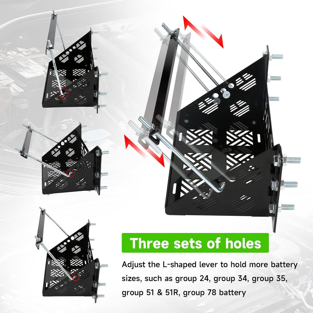 Universal Battery Mounting Tray, Battery Holder Bracket Compatible with RV Trailer Car Boat Truck, Heavy Duty Battery Box Mount Hold Down Bracket Relocation Kit for Group 24 Battery Box