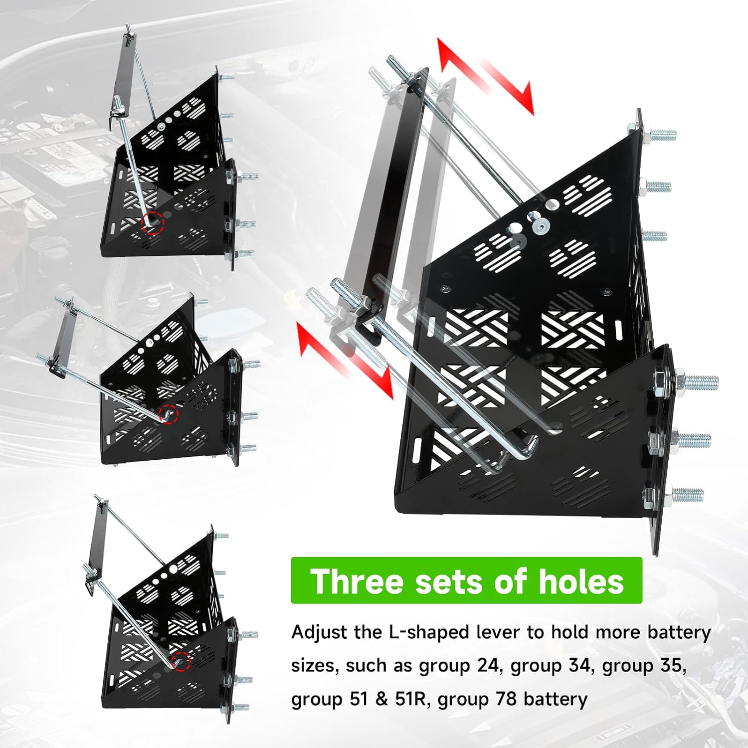 Universal Battery Mounting Tray, Battery Holder Bracket Compatible with RV Trailer Car Boat Truck, Heavy Duty Battery Box Mount Hold Down Bracket Relocation Kit for Group 24 Battery Box