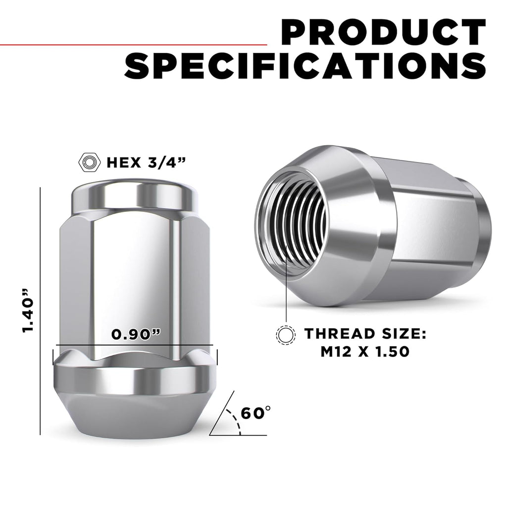 White Knight M12x1.50 Solid Piece Bulge Acorn Lug Nuts (NO Cap) for Select Aftermarket & Factory Wheels, EZ to Install, Durable Carbon Steel, Stylish Triple Layer Chrome Finish - 1907S-20AM (20 Pack)