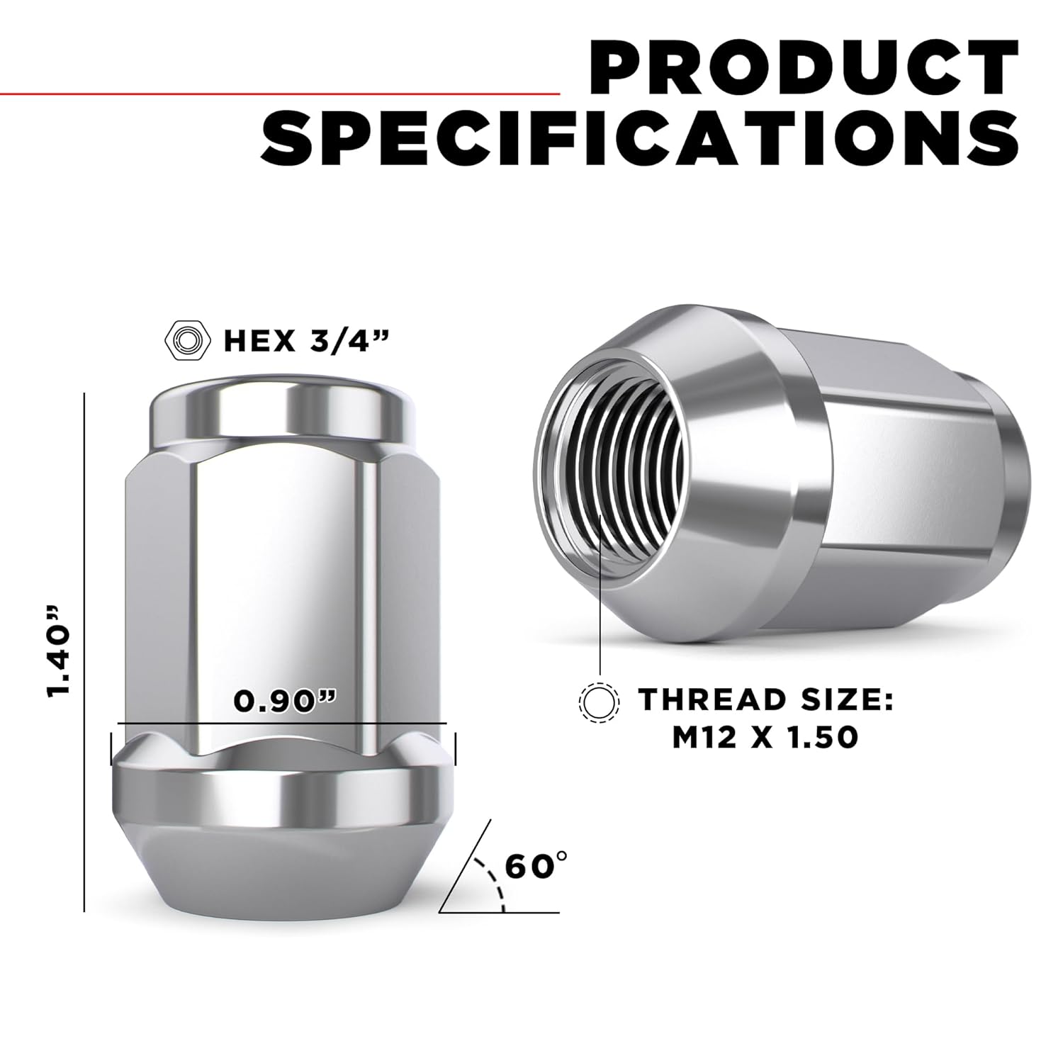 White Knight M12x1.50 Solid Piece Bulge Acorn Lug Nuts (NO Cap) for Select Aftermarket & Factory Wheels, EZ to Install, Durable Carbon Steel, Stylish Triple Layer Chrome Finish - 1907S-20AM (20 Pack)