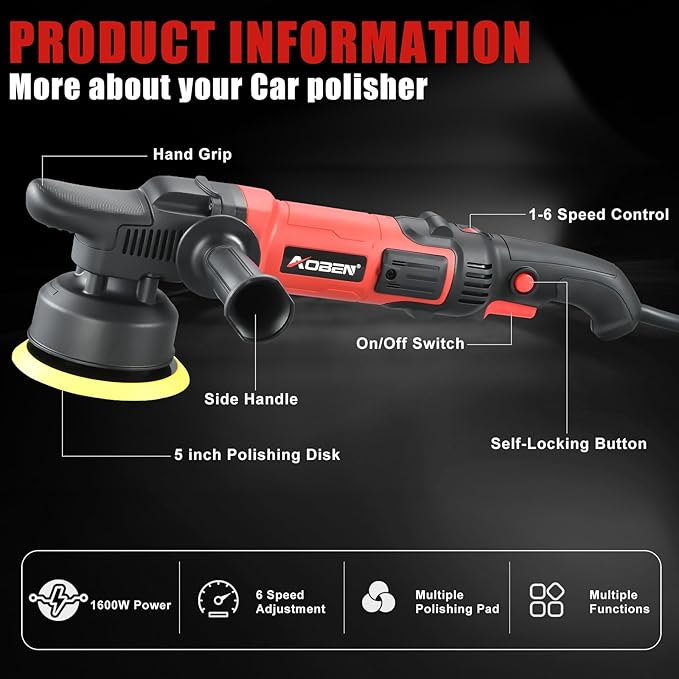 AOBEN Buffer Polisher, 5 inch DA Car Polisher, Long Orbit 16mm Random Buffer - Image 2