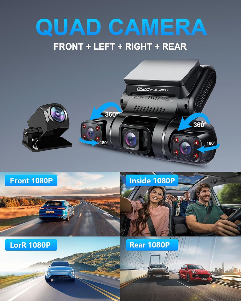 pruveeo 360° 4 channel dash cam front and, close-up detail
