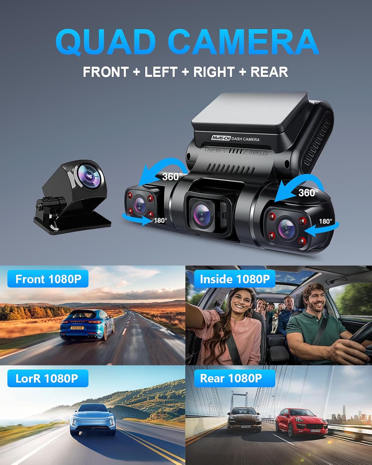 pruveeo 360° 4 channel dash cam front and, close-up detail