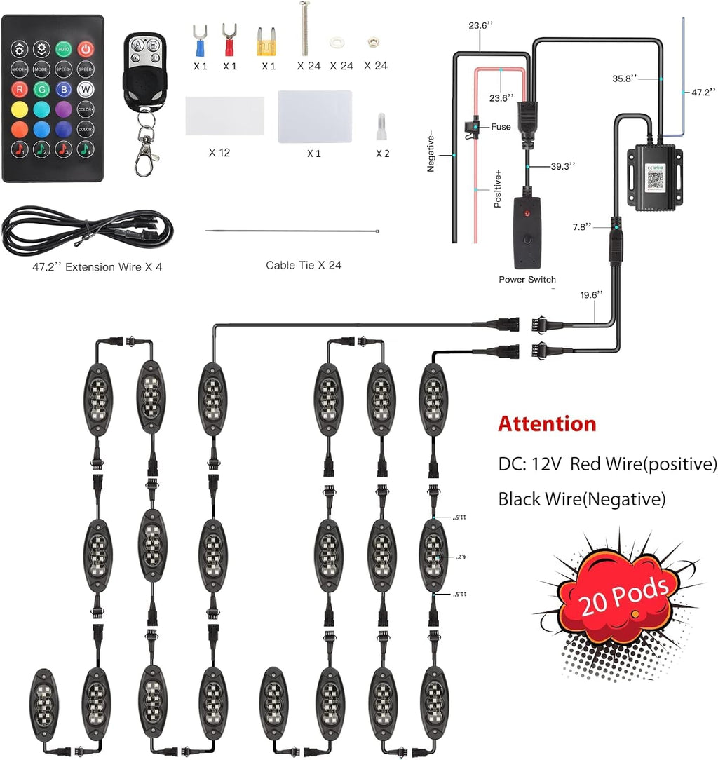 Hovano RGB LED Rock Lights, 20 Pods Waterproof Magic-RGB Multicolor Chasing Neon Underglow Music Lighting Kit with APP/RF Control for Jeep Off Road Truck Car ATV SUV RZR