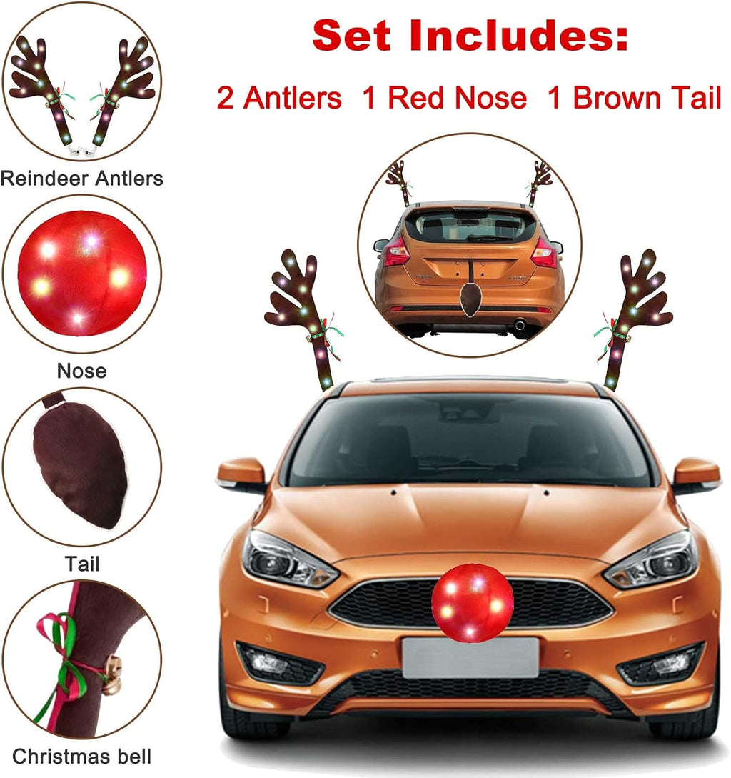 Reindeer Antlers for Cars, LED 2025 Christmas Car Decorations Kit with Jingle Bells, Nose, Tail, Multicolor Light-Up Rudolph Xmas Decor for SUV, Van, Truck