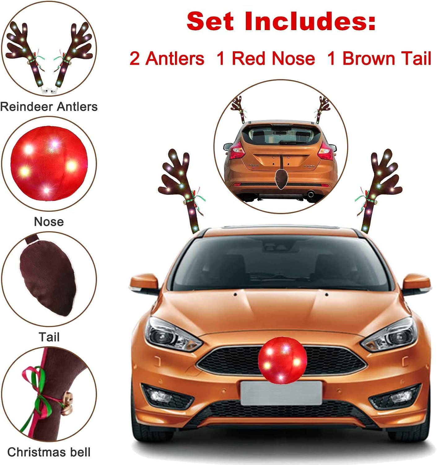Reindeer Antlers for Cars, LED 2025 Christmas Car Decorations Kit with Jingle Bells, Nose, Tail, Multicolor Light-Up Rudolph Xmas Decor for SUV, Van, Truck