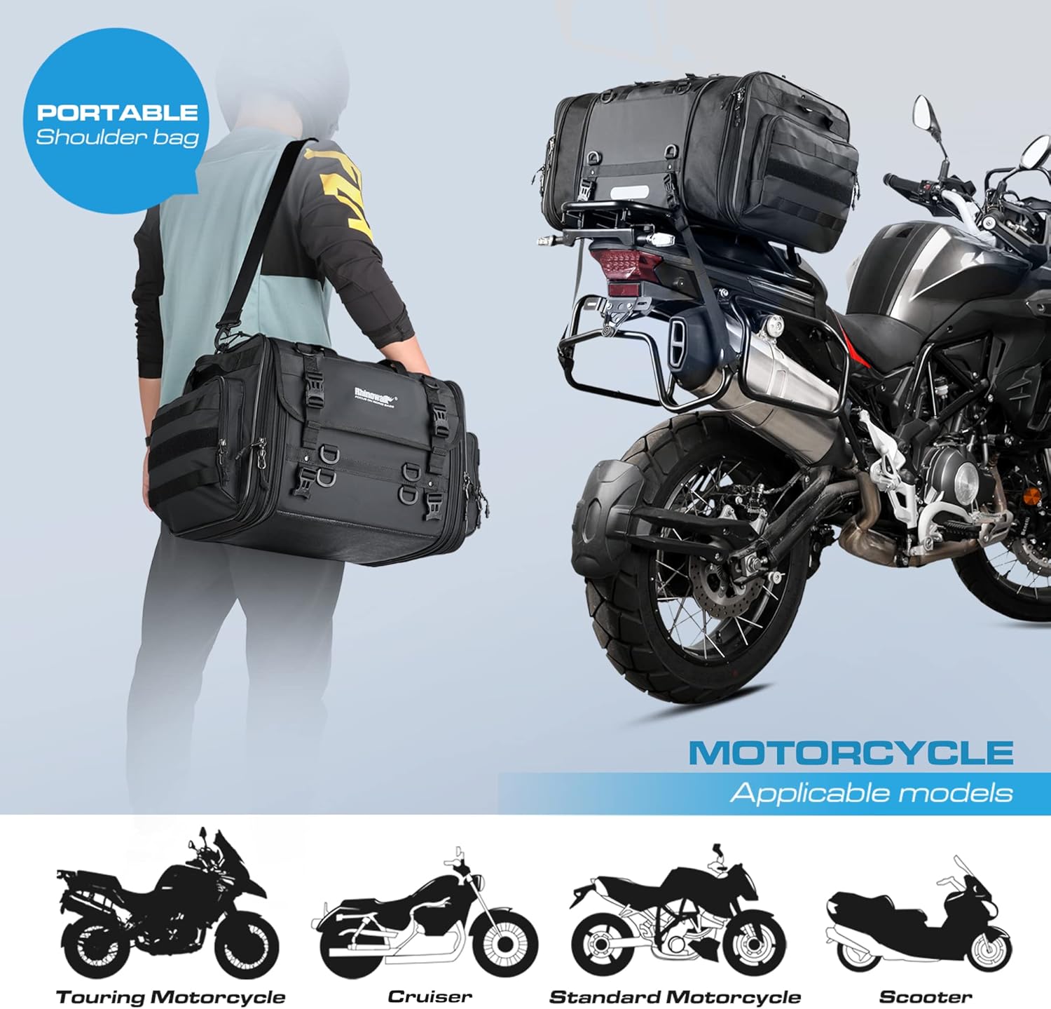 Rhinowalk Motorcycle Tail Bag, Expandable Motorcycle Travel Luggage Bags 60L, Waterproof All-Weather Trunk Rack Bag with Sissy Bar Straps & Helmet Rain Cover-Black