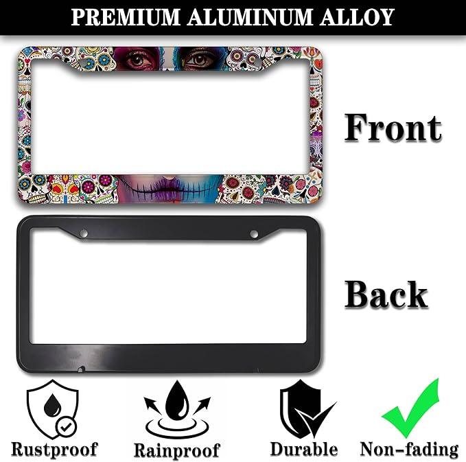 License Plate Frames for Women Multicolor Plate Cover for Men Sugar Skull - Image 3