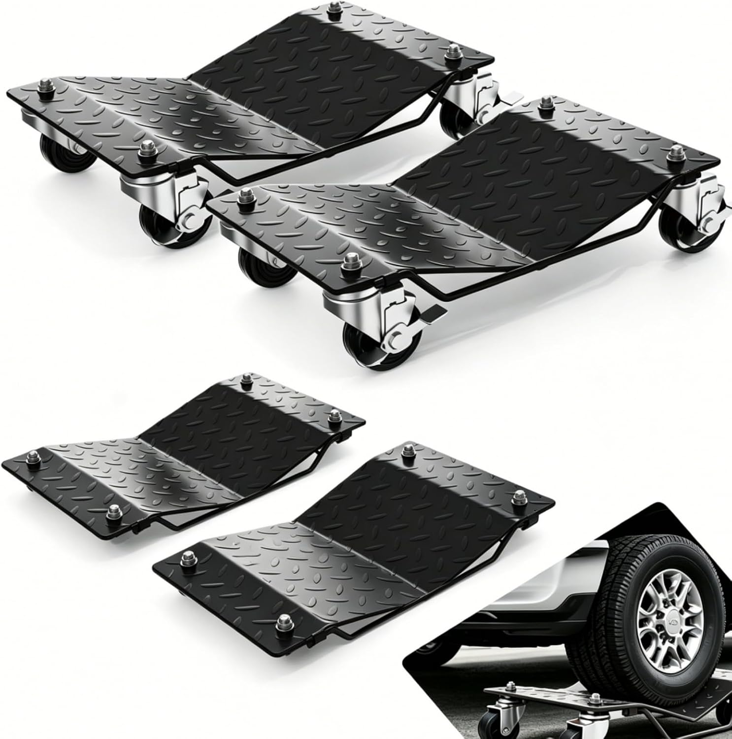 Heavy Duty Car Wheel Dolly Set – 6000 lbs Total, 360° Lockable Casters, Ideal for Moving Cars, Trucks, Trailers, Motorcycles, Boats – 4-Pack Black | 4-piece Pack