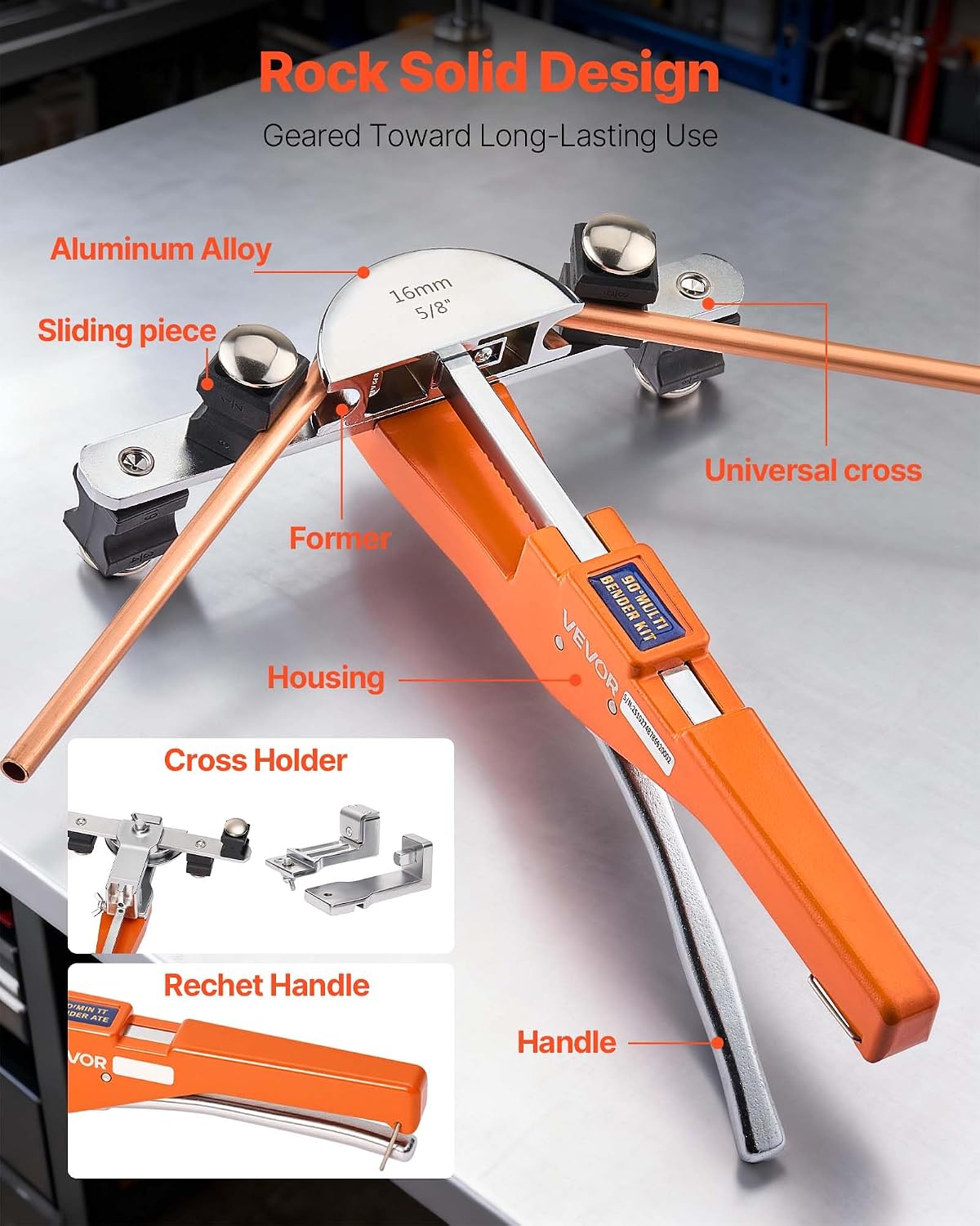 vevor tubing bender kit, 1/4 to 7/8 inch showing dimensions