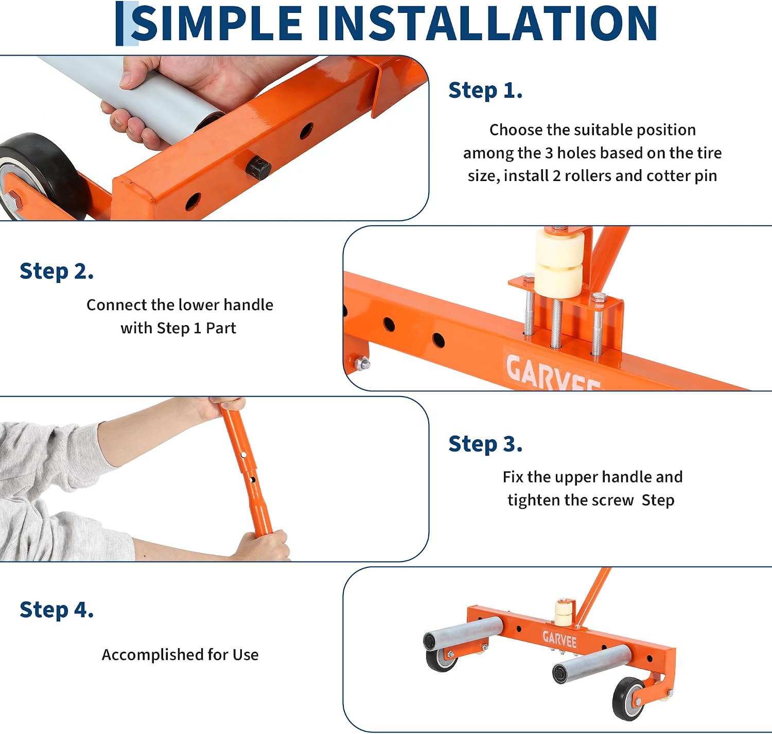 Heavy Duty Adjustable Tire Wheel Dolly – 330lbs Capacity – 23.5"-43.5" Width – Smooth 8in Rollers for 360° Lifting, Moving, Changing – Global for Truck, SUV, Car – Orange