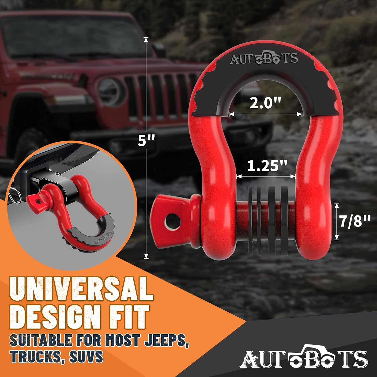 AUTOBOTS Bow Shackles 3/4" D Ring Shackle (2 Pack), 48,000Ib Break Strength with 7/8" Pin, 2 Isolator and 4 Washers Kit for Offroad Vehicle Truck Recovery Red