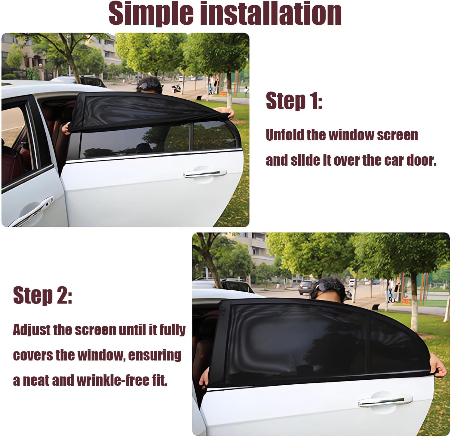 Car Window Screen for Cars and SUVs,2 Packs,Insect-Proof, Maintains Air Circulation, Sun Shading, Privacy Protection(2 Rear Windows)