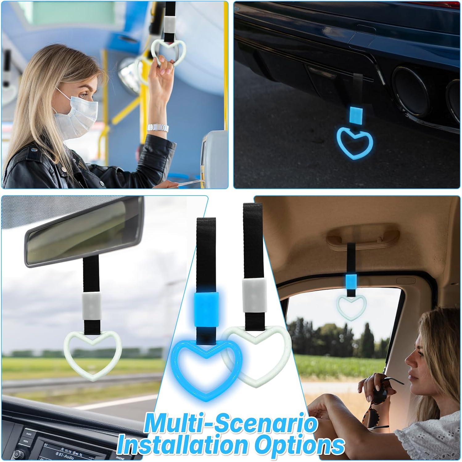 2 Pcs Heart Shaped Car Handle Strap – Drift Charm Rear Bumper Warning Ring Decor for Car Interior Exterior, Subway Bus Handle Accessory, Cute Heart Car Decor Gift for Women & Men (Luminous Blue)