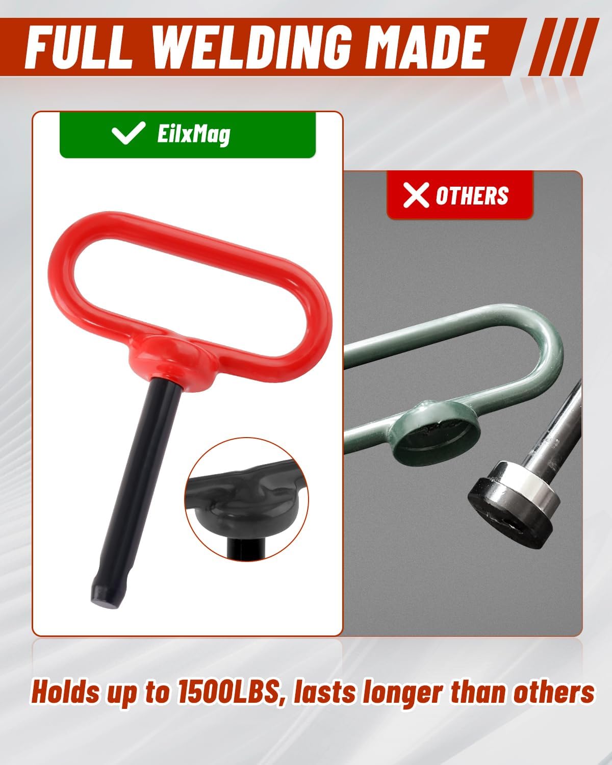 2Pack Hitch Pin, 1/2 x 3 Inch Trailer Hitch Pin with Clip and Rubber-Coated Handle, Strong Heavy Duty Lawn Mower Hitch Pin for Mowers, Tractor Truck, Towing Cargo, ATV (Red)
