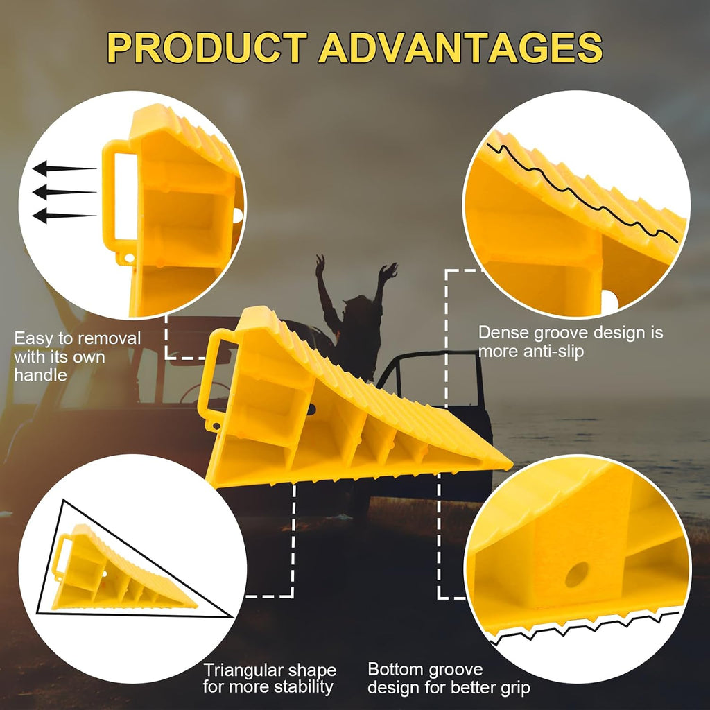 4Pack Wheel Chocks for RV Trailer Non Slip Heavy Duty Yellow Camper Wheel Chocks with Handle for Easy Removal Polypropylene Wheel Stoppers for Cars Campers Trucks Rvs