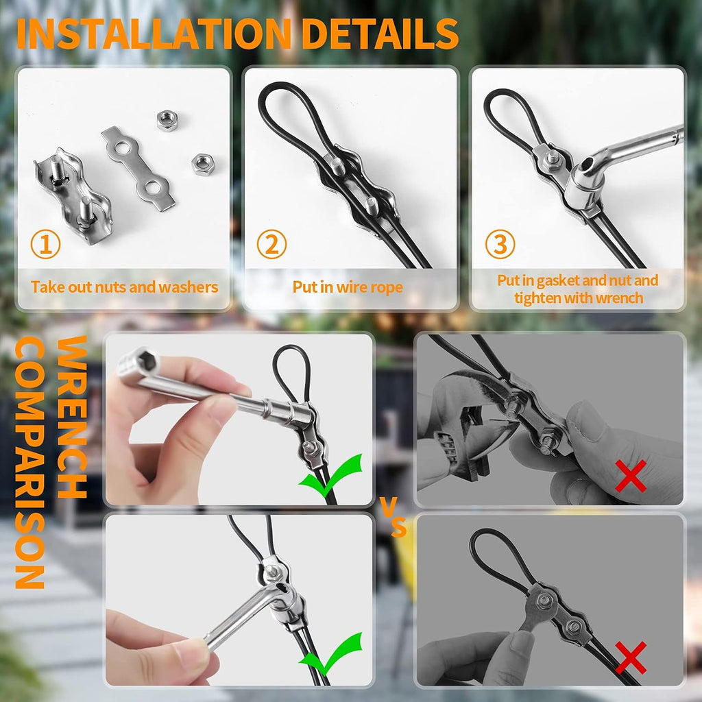 string light hanging kit,164 ft nylon coated stainless showing dimensions