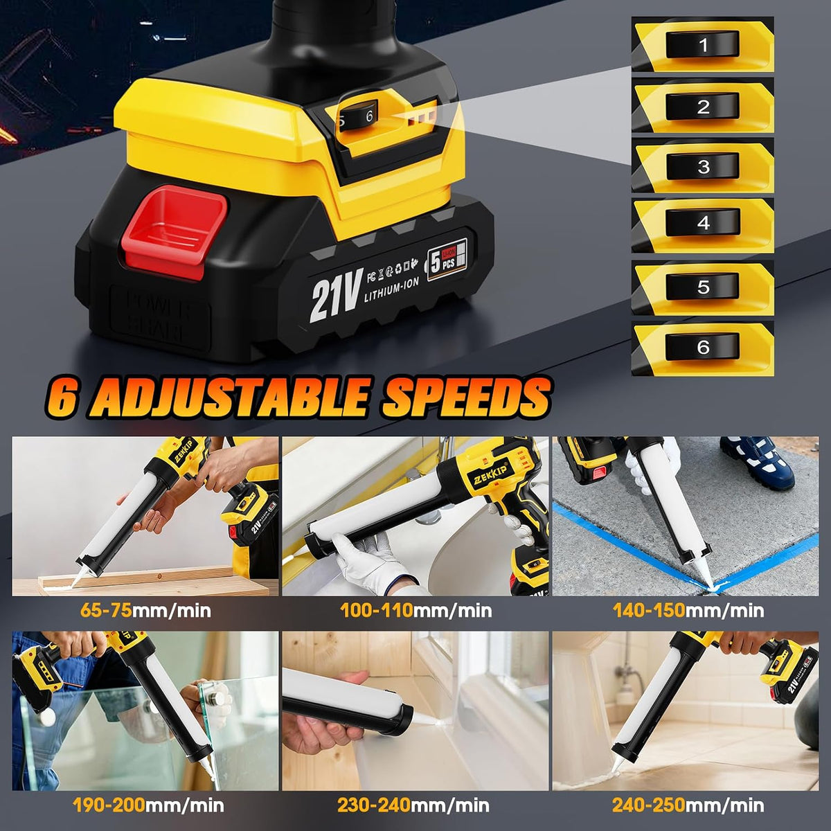electric caulking gun, cordless caulking gun with 2x showing dimensions