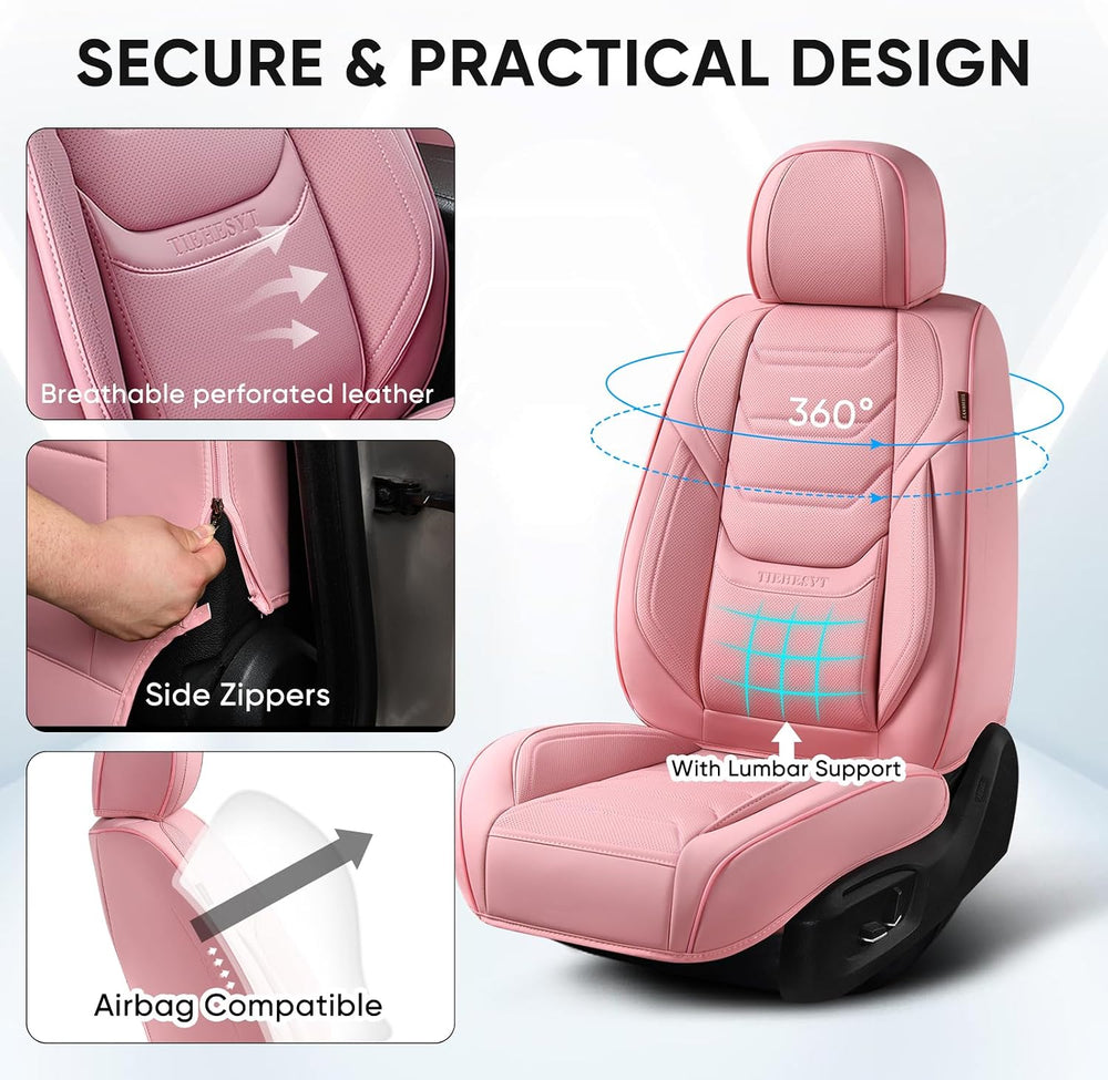 TIEHESYT Pink Car Seat Covers Full Set, Breathable Leather Automotive Front a...