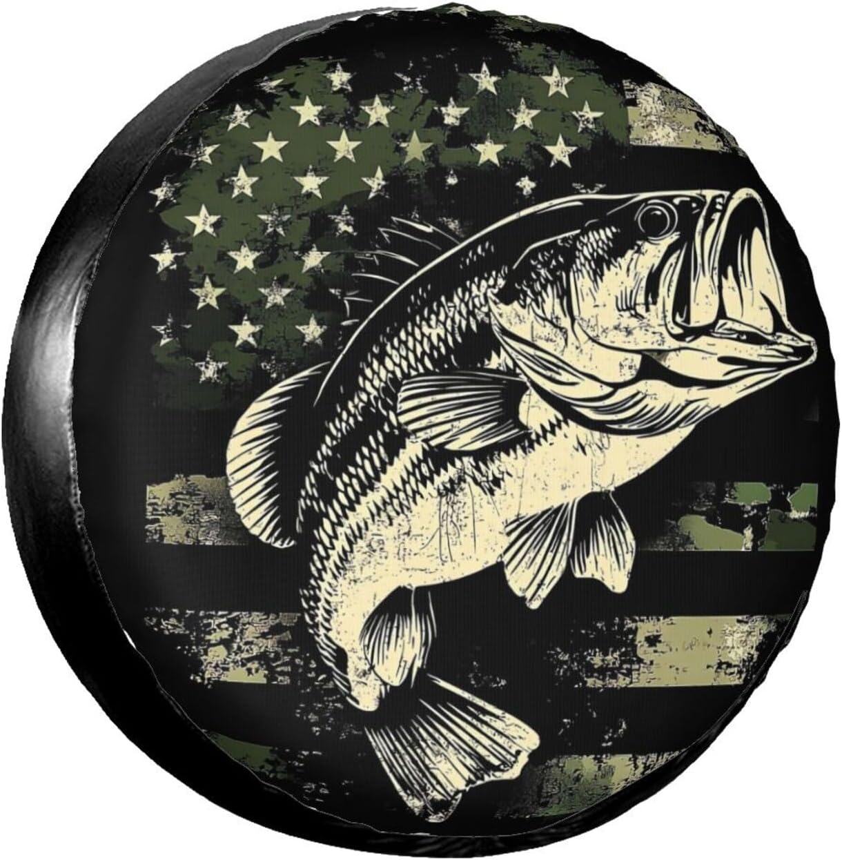 Camouflage American Flag Bass Fish Spare Tire Cover Universal for Rv Suvs Trucks Camper Travel Trailers, Cute Animal Waterproof Wheel Protector Covers,14 inch