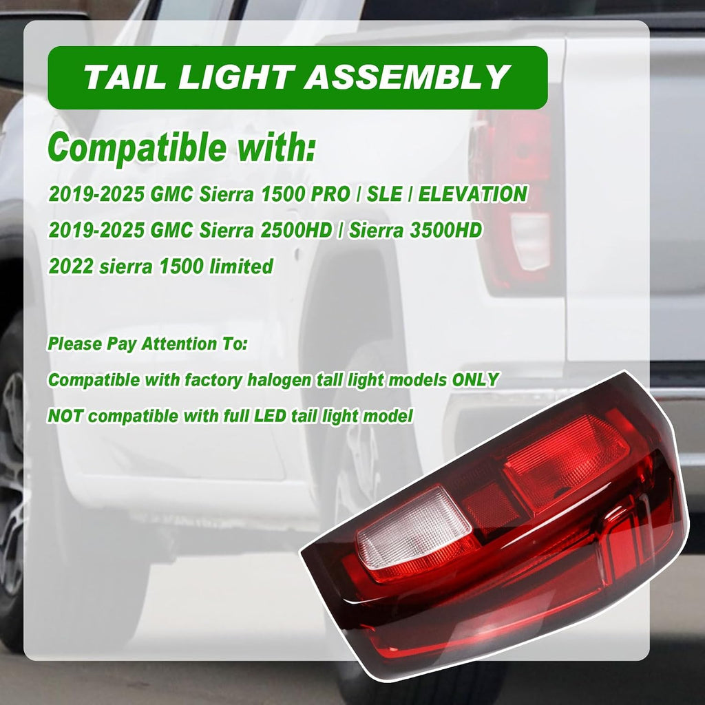 Lochnchn Tail Light Assembly Compatible With 2019-2024 GMC Sierra 1500 2500HD 3500HD Right Passenger Side Taillight Rear Lamp Brake Light Replace# 84565920 GM2801309 Halogen Type