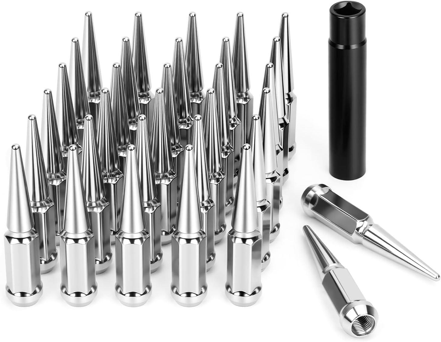 DYNOFIT 14mmx1.5 Spike Lug Nuts, 32PCS Chrome M14x1.5 Lug Nut, 4.4 inch Tall Closed End Nuts with 1 Socket Key Compatible with 1999-2026 Chevy Silverado 1500 GMC Sierra 2500HD,2003-2026 F250 F350
