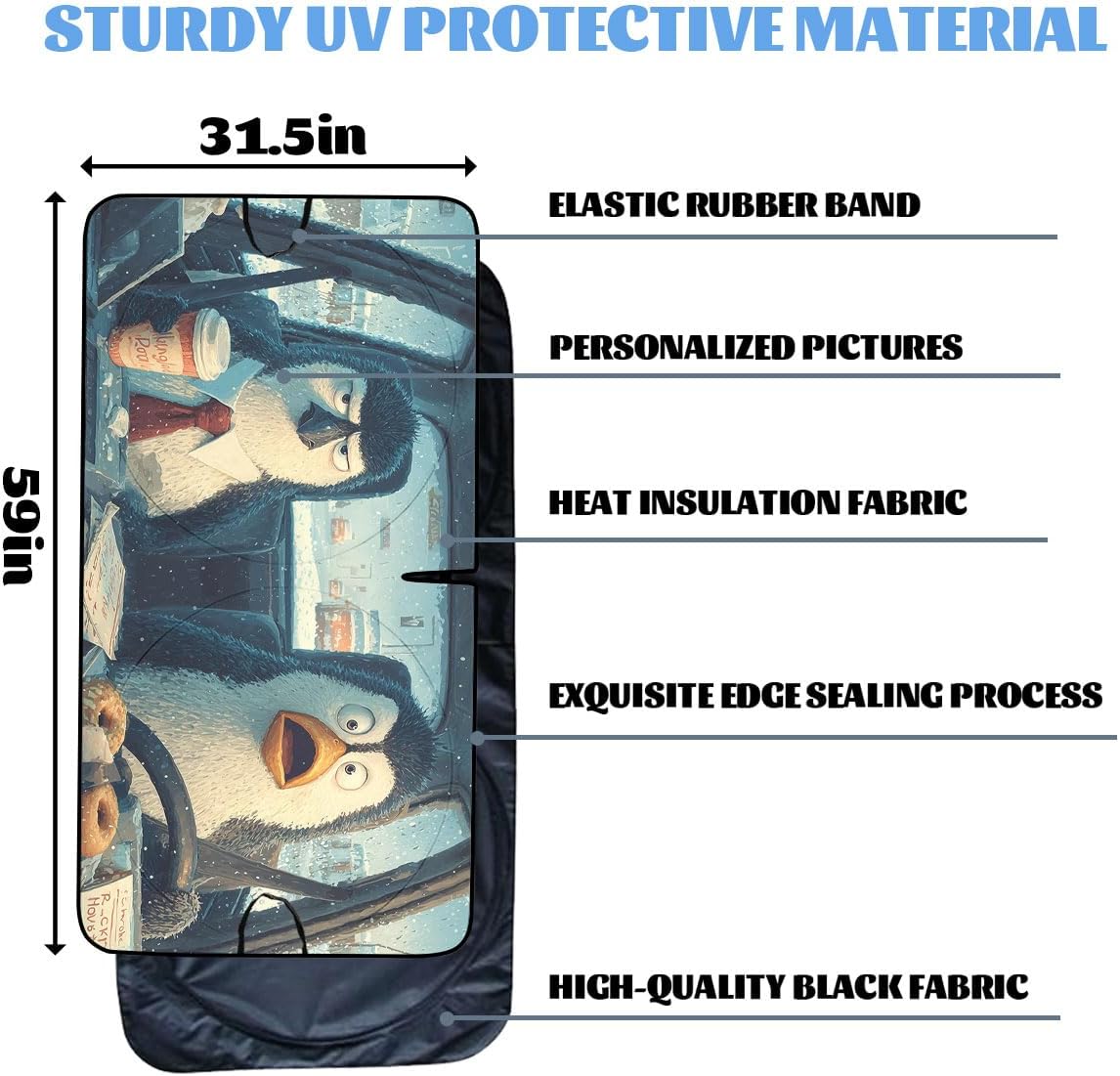 Funny Penguin Car Windshield Sunshades Cartoon Animals Winter Travel Snow Front Window Sun Shade Blocks UV Rays Sun Visor Protector for Car Sedan Truck SUV Accessories 59" X 31"