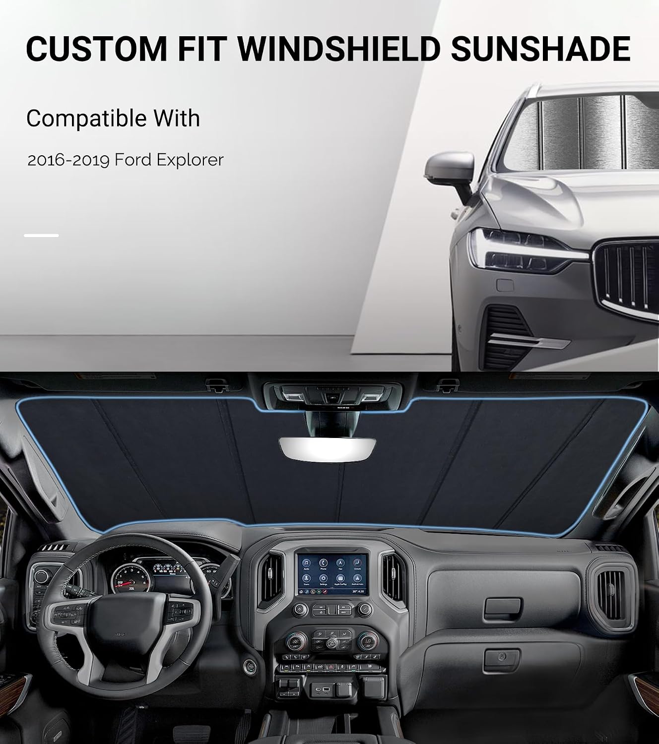 Pigenius Windshield Sunshade for Ford Explorer 2020-2025, Metallic Silver Finish