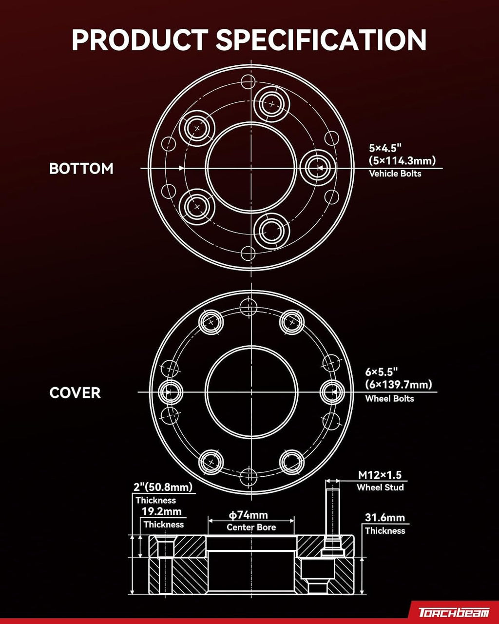 Torchbeam 5x4.5 to 6x5.5 Wheel Adapters 2 inch,M12x1.5 Thread Pitch, 74mm Hub Bore - for CR-V, Camry, Accord, Civic, RAV4, Highlander, Tacoma, Sienna, Escape, MDX, HR-V,Change Bolt Partern, 4pcs