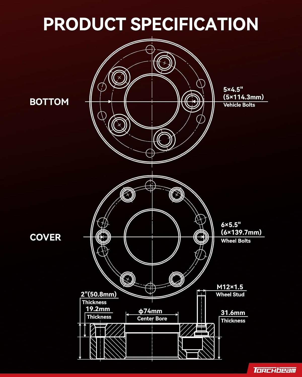 Torchbeam 5x4.5 to 6x5.5 Wheel Adapters 2 inch,M12x1.5 Thread Pitch, 74mm Hub Bore - for CR-V, Camry, Accord, Civic, RAV4, Highlander, Tacoma, Sienna, Escape, MDX, HR-V,Change Bolt Partern, 4pcs