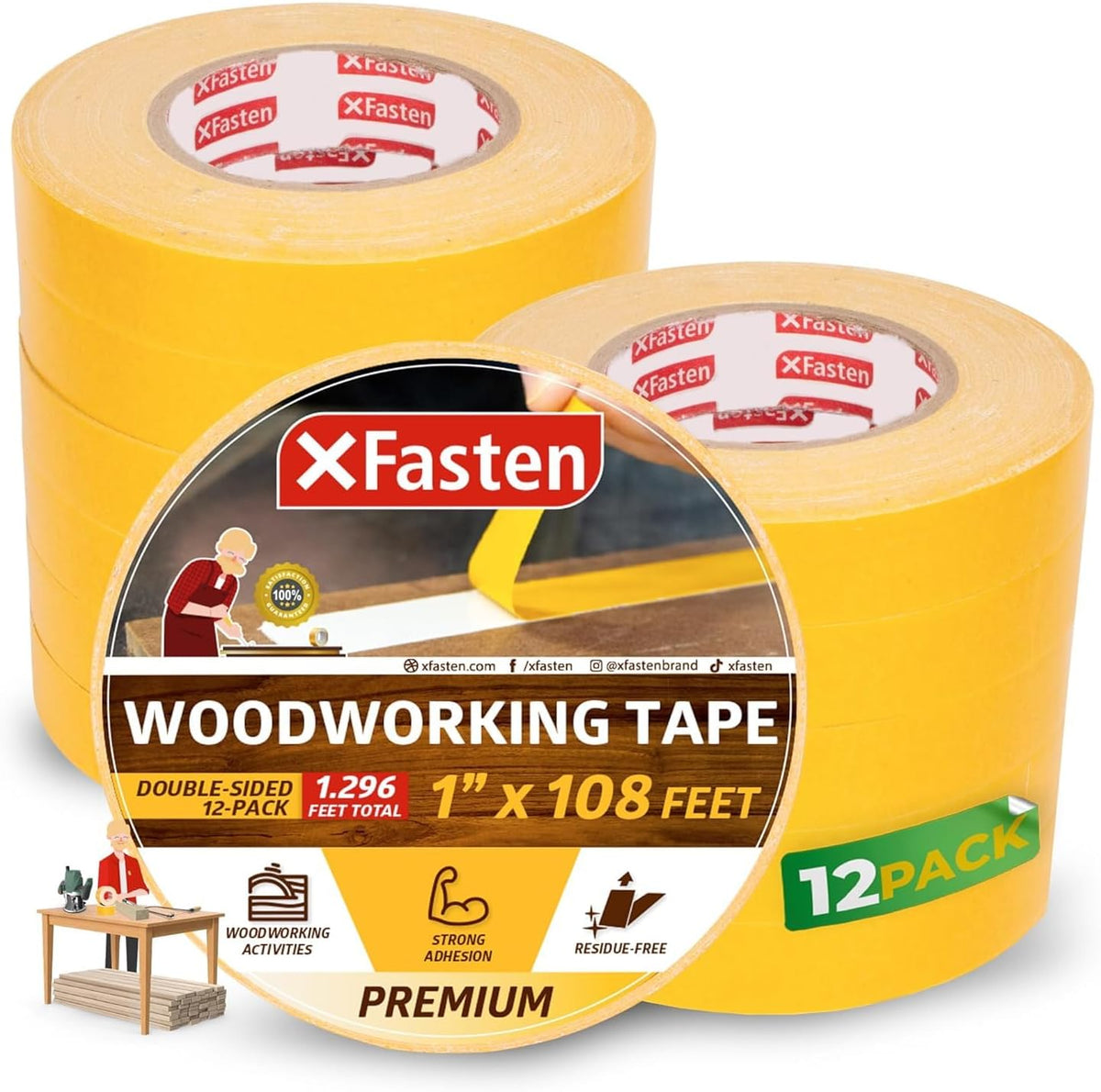 XFasten Bulk Double Sided Woodworking Tape 1-inch 1, 296-Feet Total