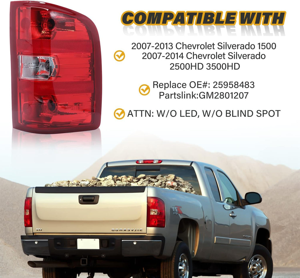 Tail Light Assembly Compatible with Chevy Silverado 07-13 1500 | 07-14 2500 HD 3500 HD, OE-Style Replaces 25958483 GM2801207, w/Bulbs and Harness, Right Passenger Side, Red Border