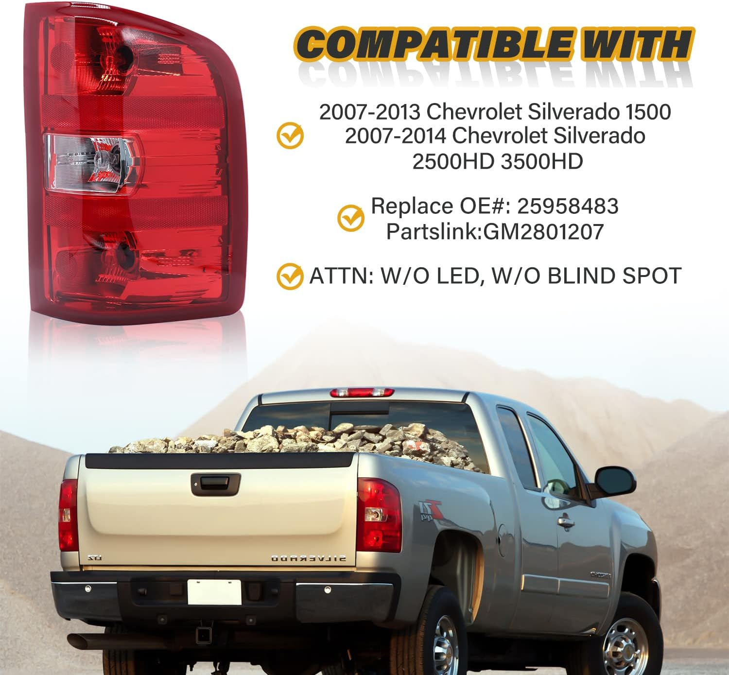 Tail Light Assembly Compatible with Chevy Silverado 07-13 1500 | 07-14 2500 HD 3500 HD, OE-Style Replaces 25958483 GM2801207, w/Bulbs and Harness, Right Passenger Side, Red Border