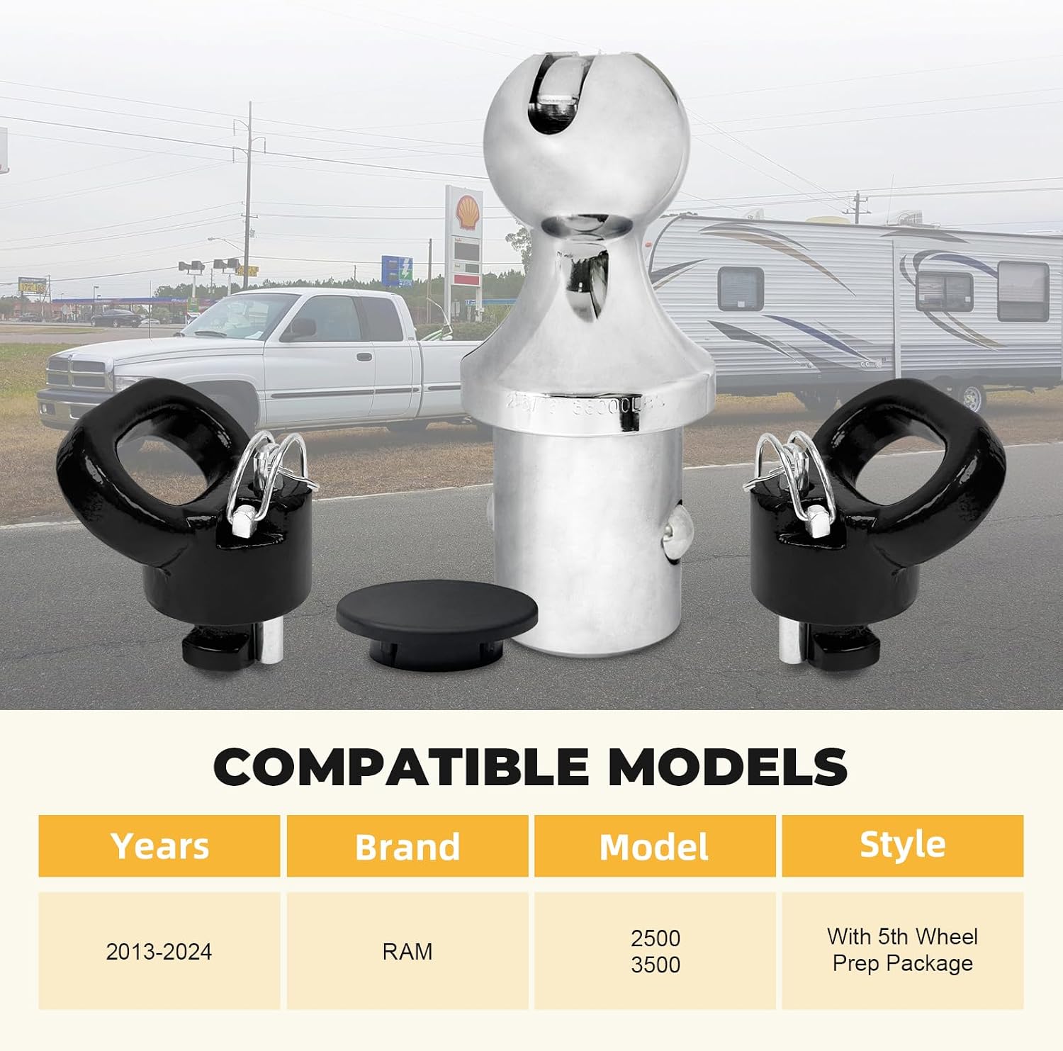 60618 Puck System 38000 LBS Gooseneck Hitch Ball Kit - Compatible with 2013-2024 Dodge RAM 2500 3500 - 2-5/16 Inch Gooseneck Ball for Truck Bed with 2 Pack Safety Chain Anchors