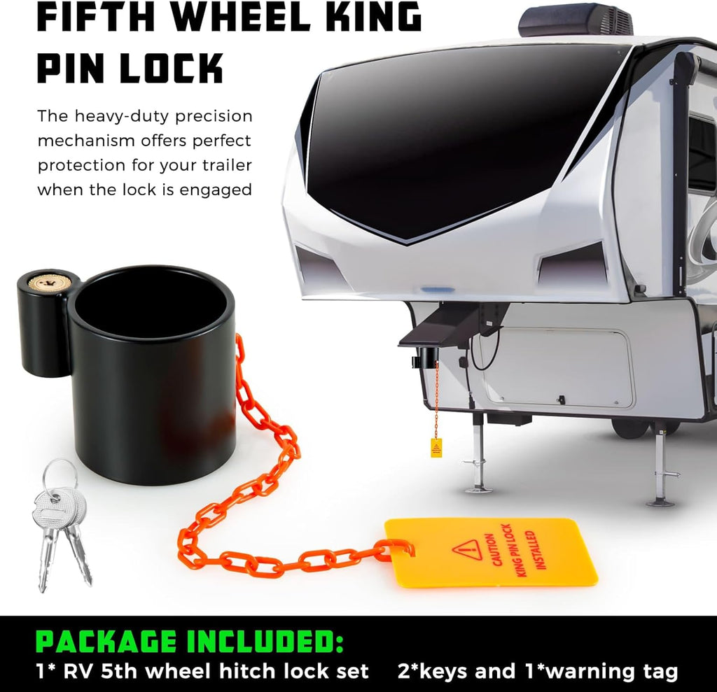 BYERN AUTO 5th Wheel King Pin Lock, Heavy Duty King Pin Lock with Anti-Theft Warning Tag & 2 Keys, Fifth Wheel Hitch Lock for RVs, Semi Trailers and Campers (Black)