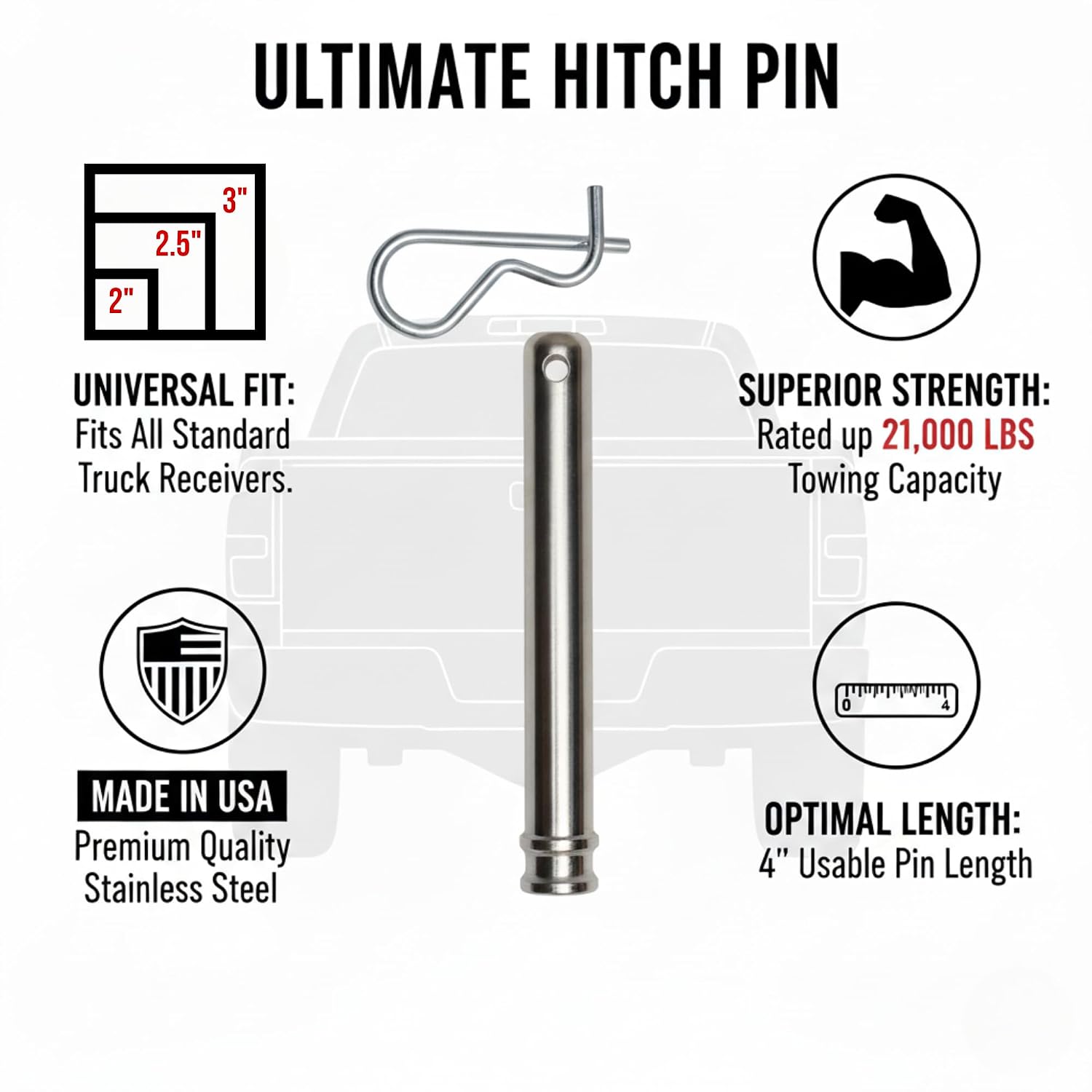 GEN-Y GH-099 5/8" Hitch Pin, 4" Useable Length with Self-Locking Twist Clip