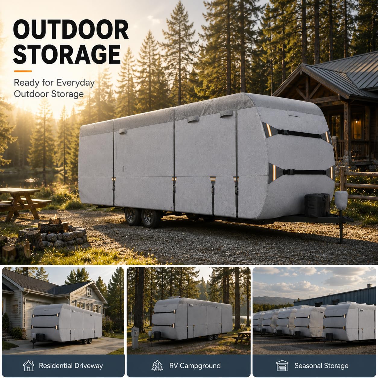 Travel Trailer RV Cover for 2025 Forest River Surveyor Legend 296QBLE, Nonwoven Fabric with Water Resistant Construction, Air Vents, Adjustable Straps for Outdoor Storage