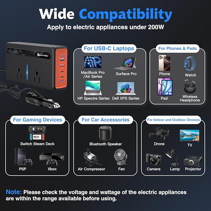 RoyPow 200W Car Power Inverter, DC 12V to 110V AC Power Inverter - Image 7